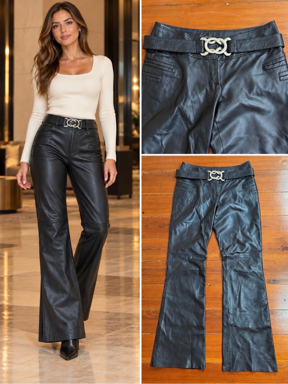 Vintage Y2K Cache 100% Leather Belted Motorcycle Flare Pants Sz 10 ❤️🍄